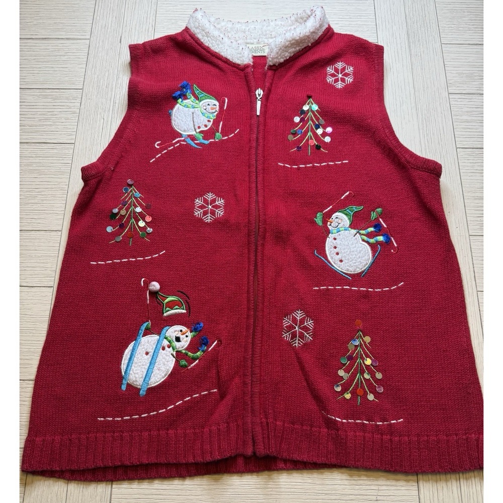 Classic Elements Vtg Christmas Sweater Vest Womens L Snowman Full Zip Sleeveless